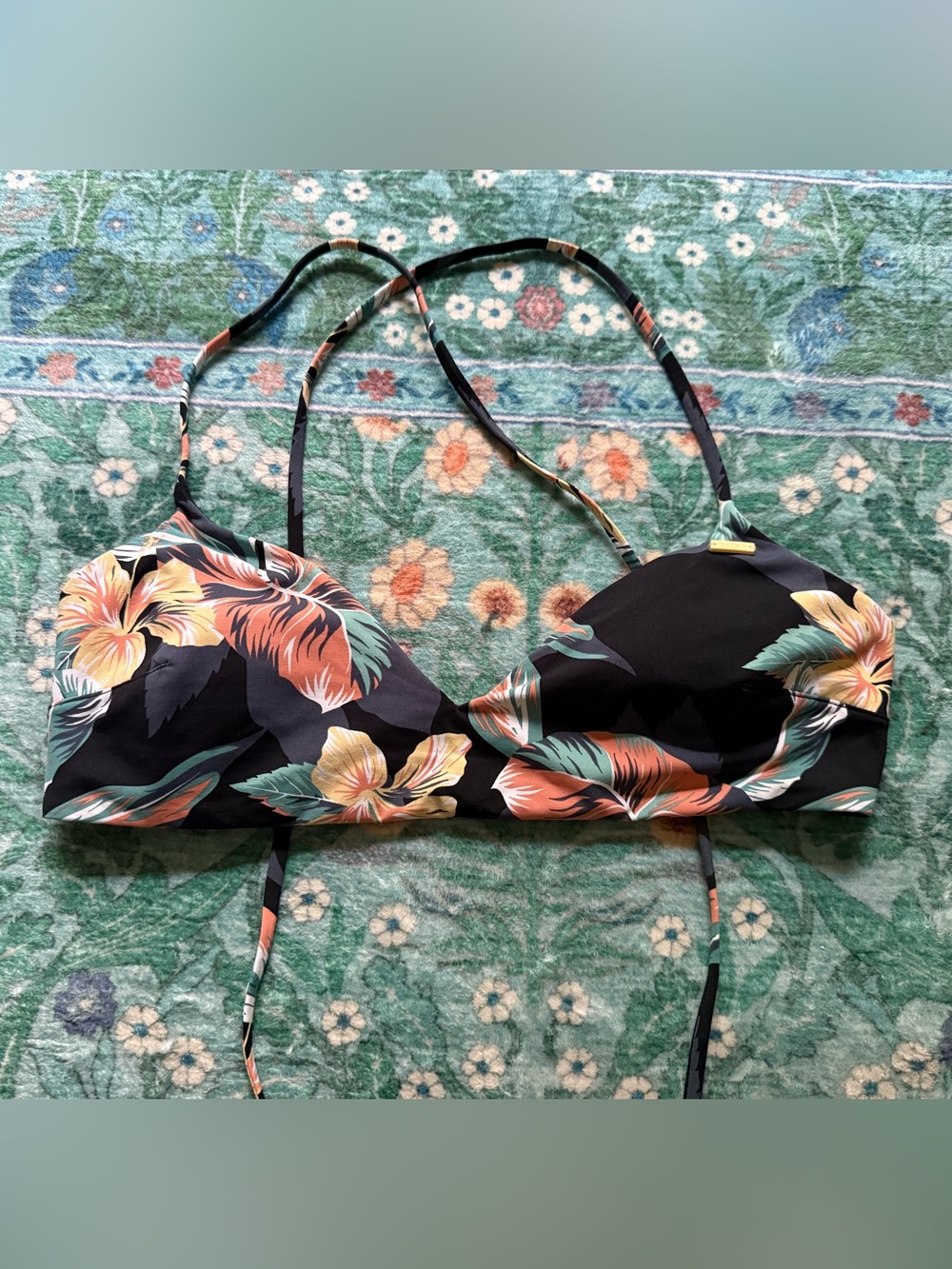 Roxy Black Floral Bikini Top with Coral and Green Accents